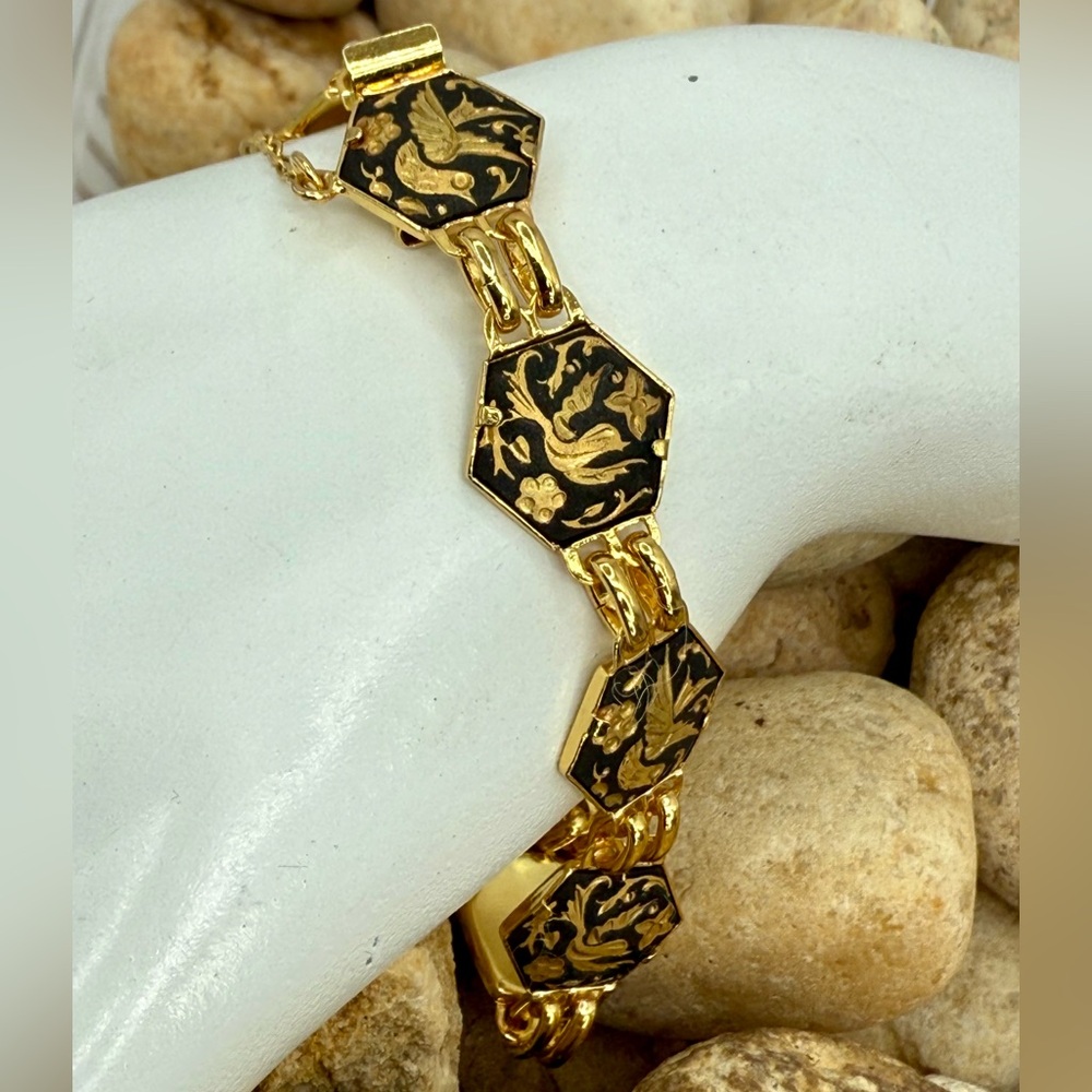 Vintage Toledo Damascene Spain Bird Floral Gold Black Bracelet 7.75”–8” - Picture 16 of 17